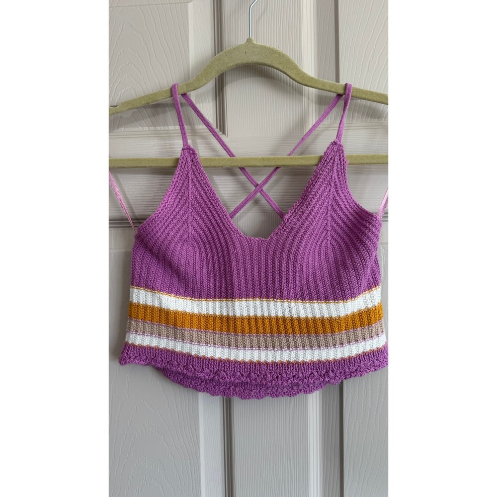 No Comment Crochet Top Women M Purple Striped Knit Boho Cropped Beach Festival